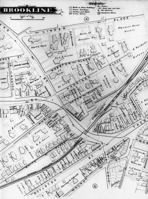 Plate 1 (center) from Atlas of the Town of Brookline, Norfolk County, Massachusetts. 1884. (Brookline Public Library: [Brookline Room] 917.445 B76 1884) Streets on map: Boylston Street, Walnut Street.