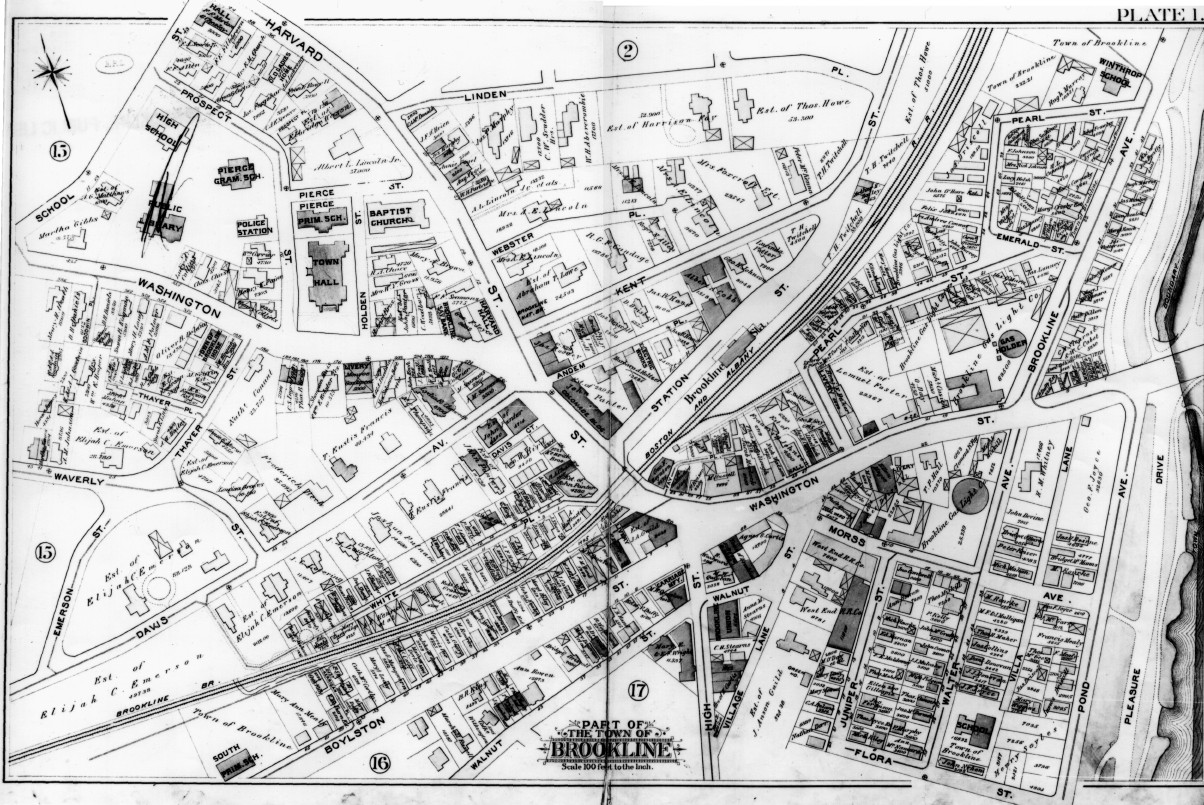 Plate 1 from Atlas of the Town of Brookline, Norfolk County, Massachusetts. 1893. (Brookline Public Library: [Brookline Room] 917.445 B76 1893) Streets on map: Boylston Street, Walnut Street