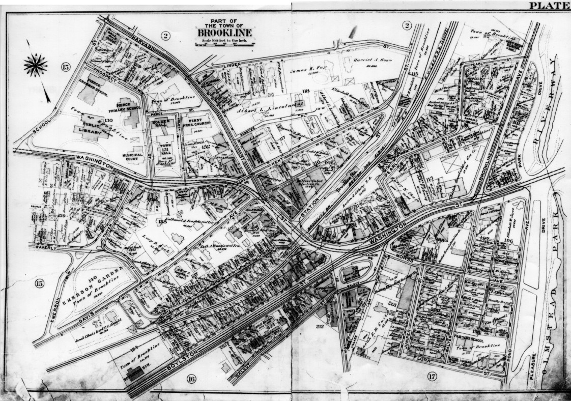 Plate 1 from Atlas of the Town of Brookline, Norfolk County, Massachusetts. 1913. (Brookline Public Library: [Brookline Room] 917.445 B76 1913) Streets on map: Boylston Street, Walnut Street.