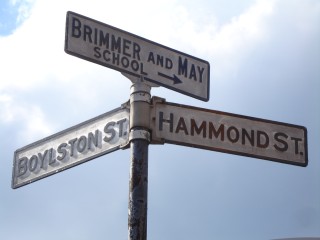Boylston St at Hammond St with Brimmer and May School Sign