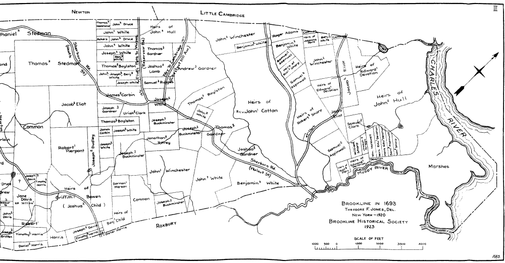 Map 3 from Jones, Theodore F., Land Ownership in Brookline From the First Settlement. Brookline Historical Society, 1923. (Brookline Public Library [Brookline Room] 973 B77j 1923) Note: A small portion of the left side of this map has been omitted in this reproduction.