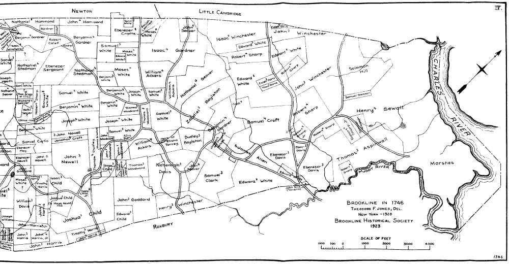Map 4 from Jones, Theodore F., Land Ownership in Brookline From the First Settlement. Brookline Historical Society, 1923. (Brookline Public Library [Brookline Room] 973 B77j 1923) Note: A small portion of the left side of this map has been omitted in this reproduction.