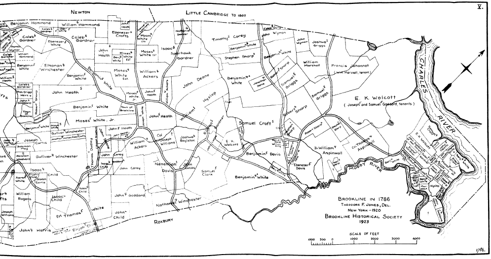 Map 5 from Jones, Theodore F., Land Ownership in Brookline From the First Settlement. Brookline Historical Society, 1923. (Brookline Public Library [Brookline Room] 973 B77j 1923) Note: A small portion of the left side of this map has been omitted in this reproduction.